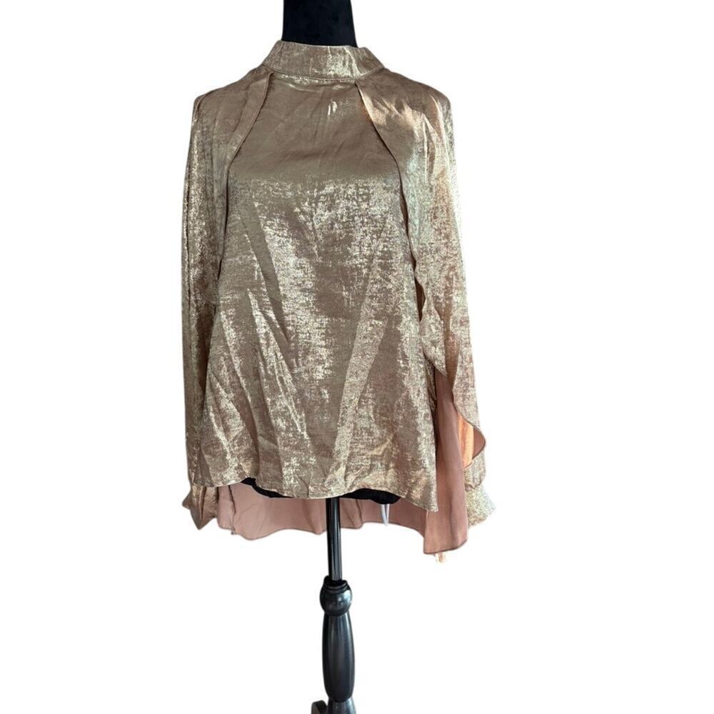 Gold Metallic Blouse Oversized High Neck Sheer Holiday NYE Party Top L